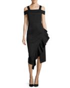 Cold-shoulder Asymmetric Ruffle Midi Dress, Black