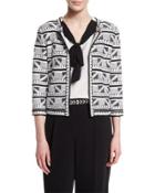 Elia Geometric-knit 3/4-sleeve Jacket, Caviar/bianco