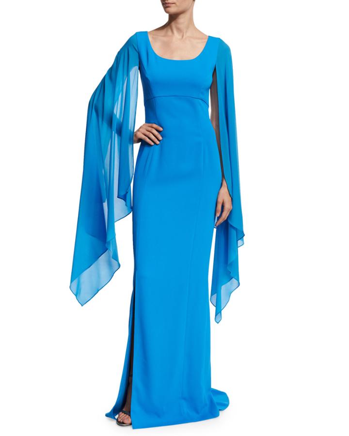 Classic Cady Cape-sleeve Column Gown,