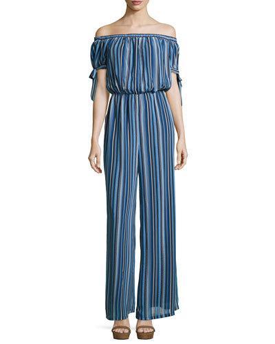Striped-chiffon Off-the-shoulder Jumpsuit, Blue Pattern