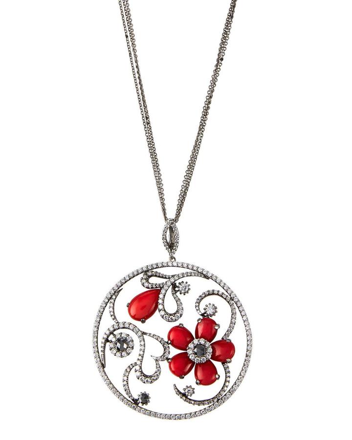 18k White Gold Coral Flower Necklace With Diamonds