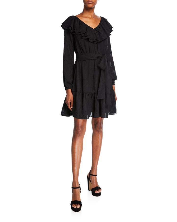 Ruffle V-neck Long-sleeve Dress