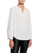 Long-sleeve Y-neck Ruched-sleeve Top