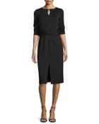 3/4-sleeve Wool Dress W/ Faux-wrap Waist