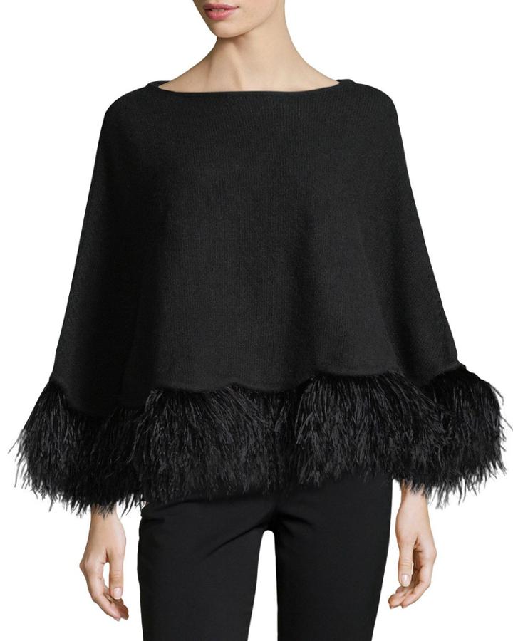 Cashmere Poncho W/ Ostrich Feather Trim, Black