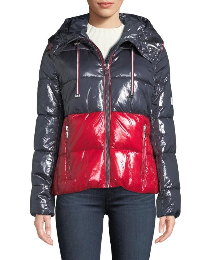 Hooded Shiny Colorblock Puffer Coat