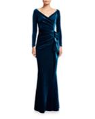 V-neck Long-sleeve Side Drape Velvet Wrap Gown