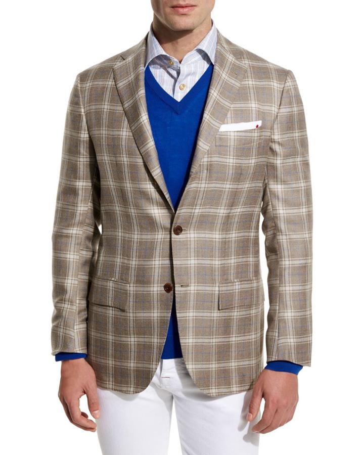Plaid Cashmere-silk Three-button Sport Coat, Tan/creme