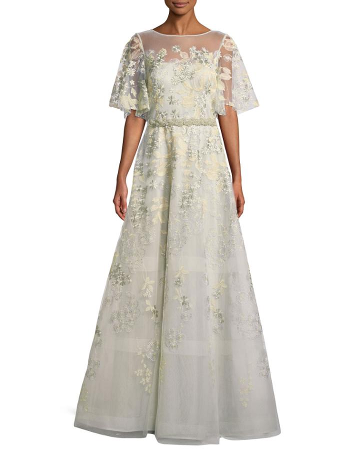 Embroidered Lace Gown W/ Beaded Trim