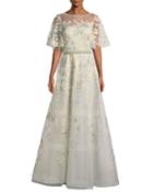 Embroidered Lace Gown W/ Beaded Trim