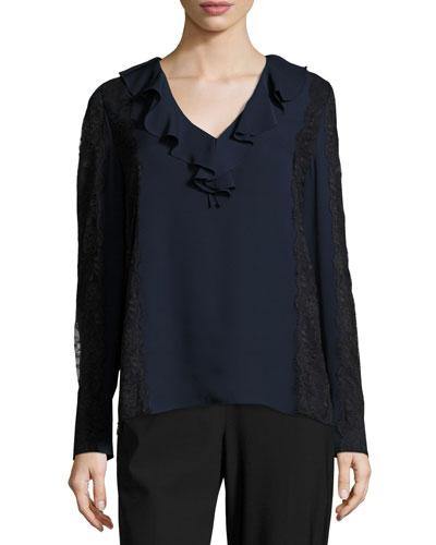 Harper Lace-trimmed Ruffled V-neck Silk Blouse,