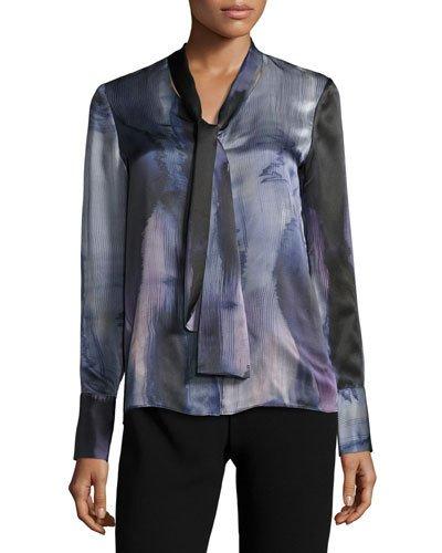 Ardell Silk Printed Tie-neck Top, Ink
