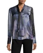 Ardell Silk Printed Tie-neck Top, Ink