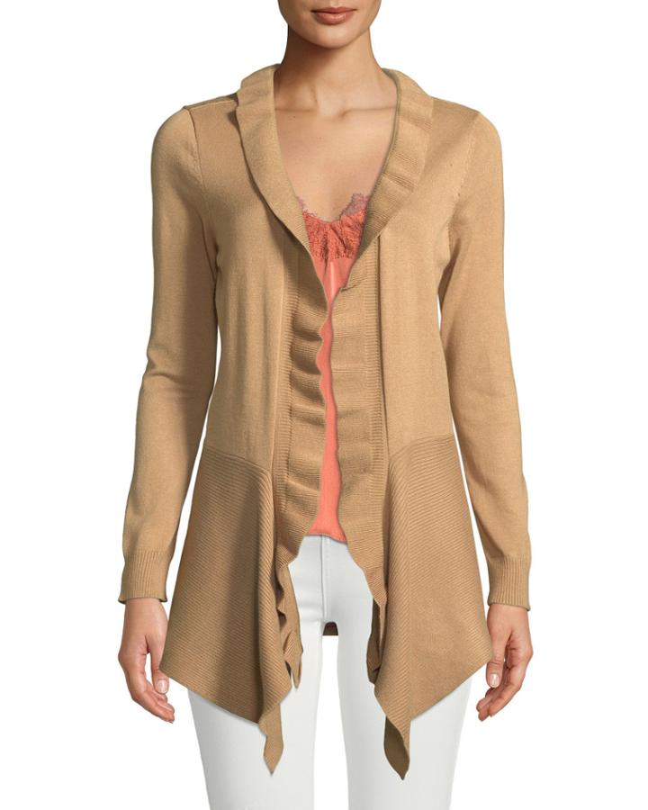 Ruffled-front Ribbed-hem Cardigan