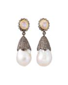 Moonstone-post Pearl-drop Earrings
