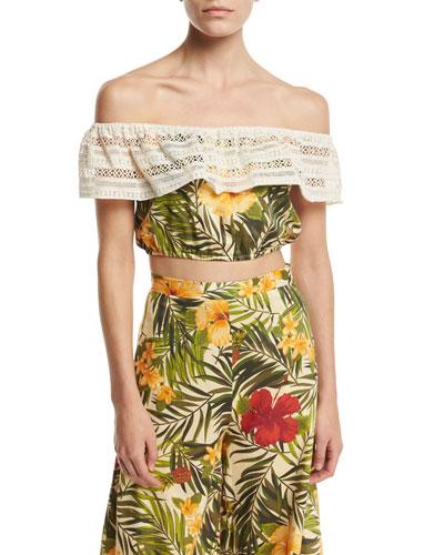 Dakota Tropical Floral-print Off-the-shoulder Crop Top