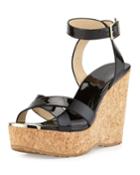 Jimmy Choo Papyrus Patent Cork Wedge, Black, Women's, Size: