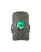 Diamond Pave Shield & Emerald Ring,