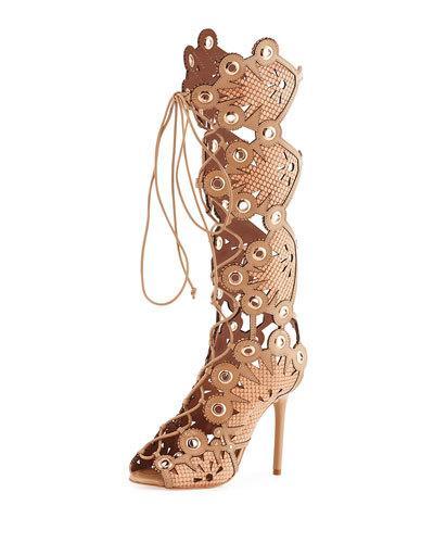 Cannes Tall Leather Lace-up Pump, Caramel