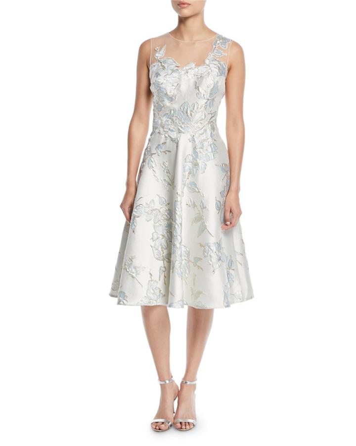 Floral Jacquard Tulle-yoke Cocktail Dress