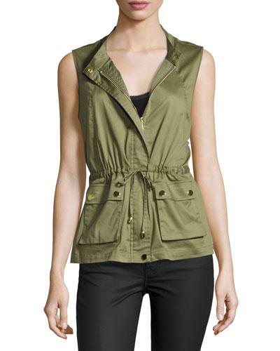Drawstring Stretch-cotton Vest, Army Green