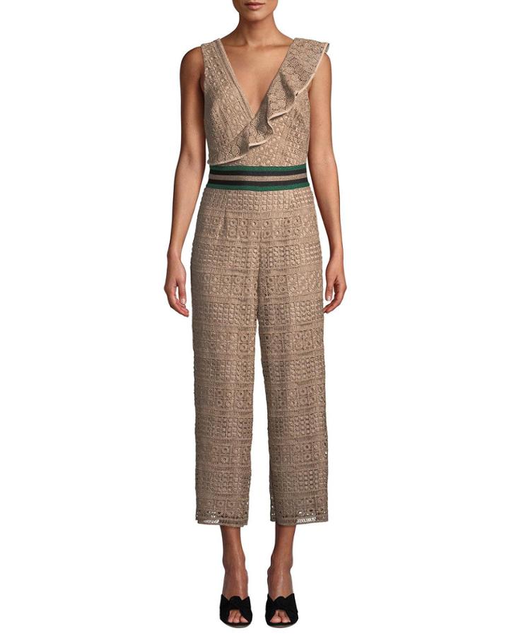 Sleeveless V-neck Cropped Lace Jumpsuit W/ Asymmetric Ruffle Detail