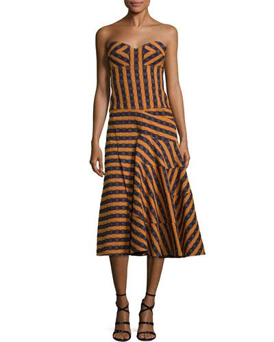 Strapless Bustier-bodice Midi Dress, Navy