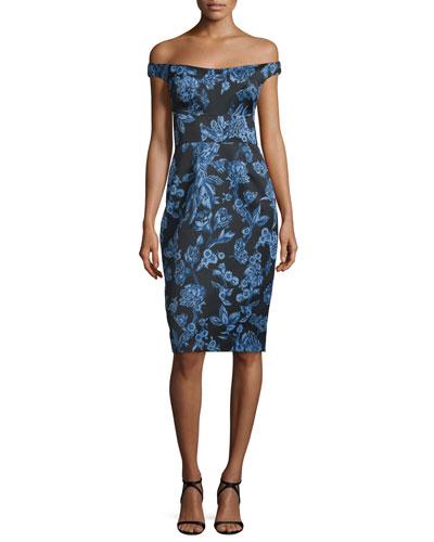 Off-the-shoulder Floral-print Sheath Dress, Blue