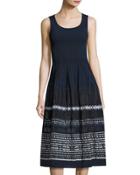 Smocked Embroidered-trim Jacquard Dress, Navy