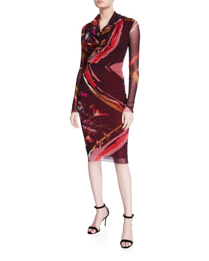 Patchwork Flower Cowl-neck Long-sleeve Dress