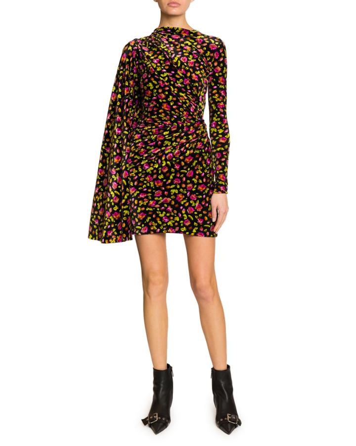 Floral Print Draped Side Velvet Dress