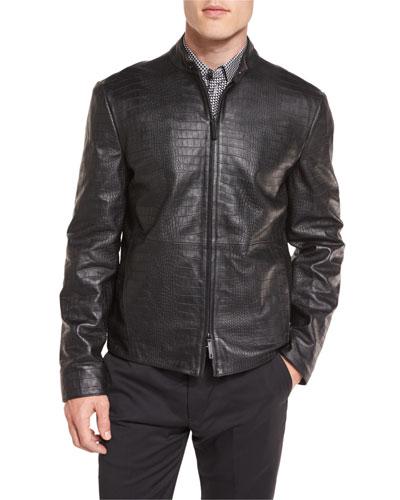 Crocodile-embossed Leather Bomber Jacket, Black