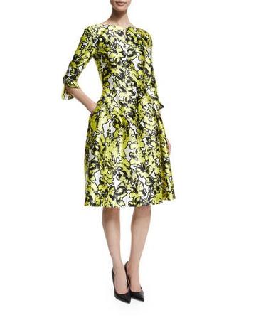 3/4-sleeve Printed Dress W/pockets, Citron
