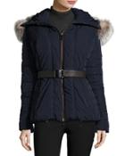 Hooded Quilted Jacket With Fox Fur Collar, Navy