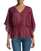 Embroidered Butterfly-sleeve Blouse, Burgundy