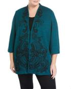 3/4-sleeve Embroidered Knit Jacket, Teal,