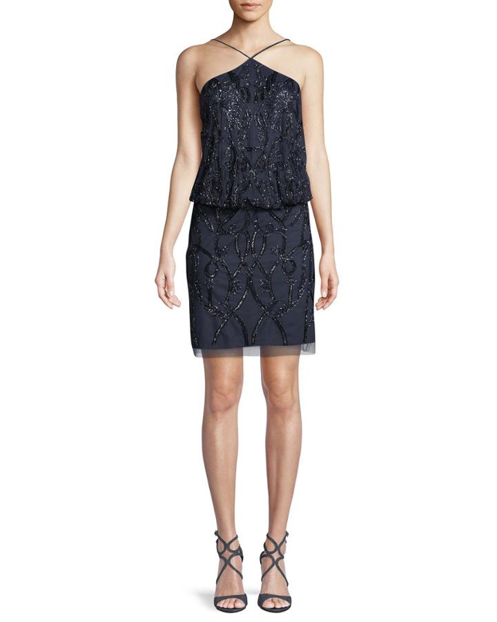 Blouson Beaded Tulle Cocktail Halter Dress