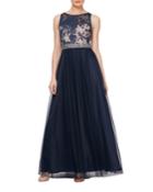 Sleeveless Embroidered Lace Beaded-waist Ball Gown