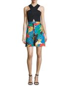Ali Crossover Floral-trim Ponte Dress, Black/multicolor
