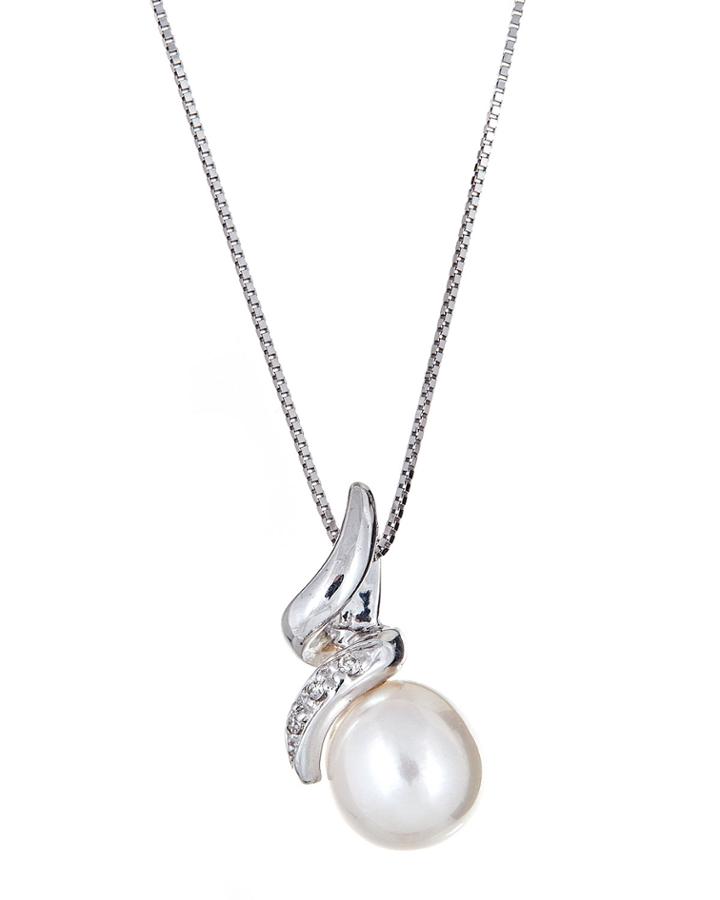 14k White Gold Diamond-wrap Pearl Necklace, White