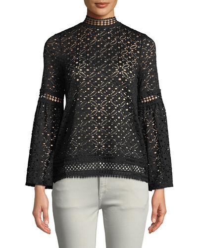 Mocke-neck Bell-sleeve Crochet Blouse