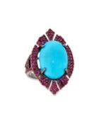 Black Silver Navette Ring With Turquoise & Ruby,