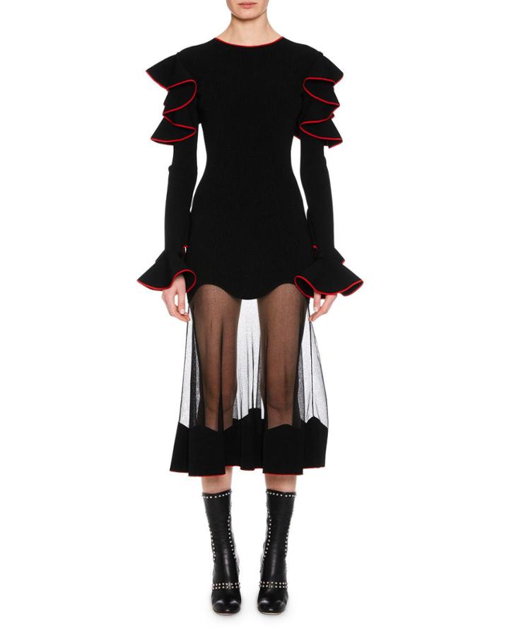Long-sleeve Shoulder-ruffle Cocktail Dress With Sheer Hem