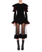Long-sleeve Shoulder-ruffle Cocktail Dress With Sheer Hem
