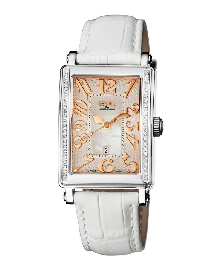37mm Mezzo Leather Watch W/ Diamonds, White