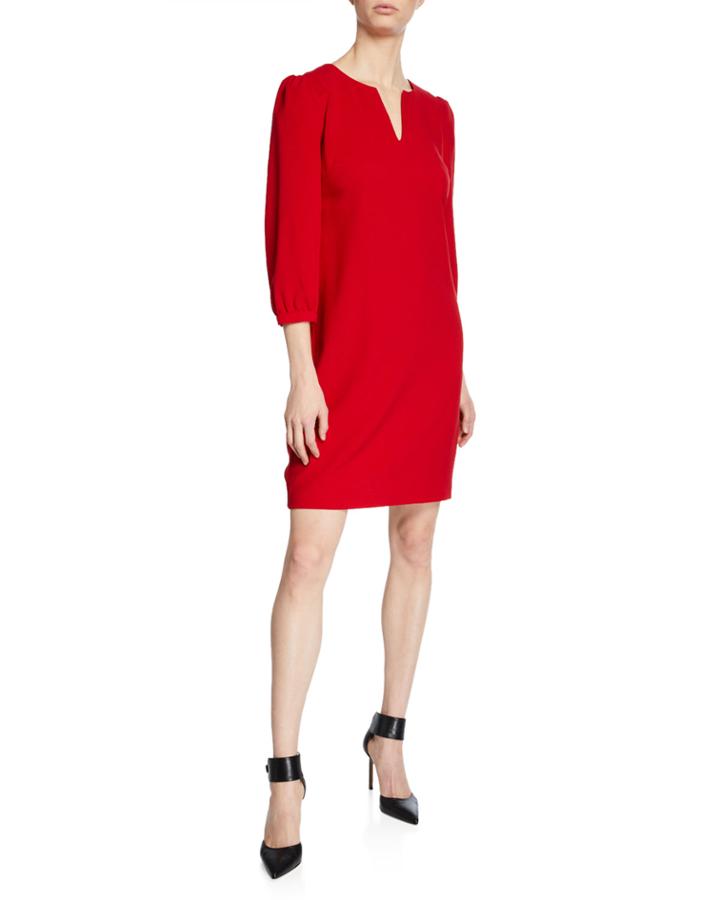 Crepe Shift Dress With Ruched-sleeve Accents