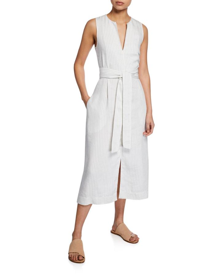 Pencil-stripe Belted Sleeveless Dress