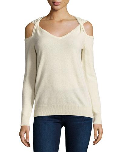 Cashmere Cold-shoulder Twist Sweater, Oatmeal