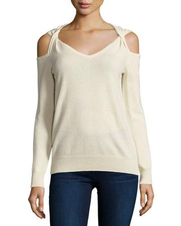 Cashmere Cold-shoulder Twist Sweater, Oatmeal