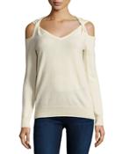 Cashmere Cold-shoulder Twist Sweater, Oatmeal
